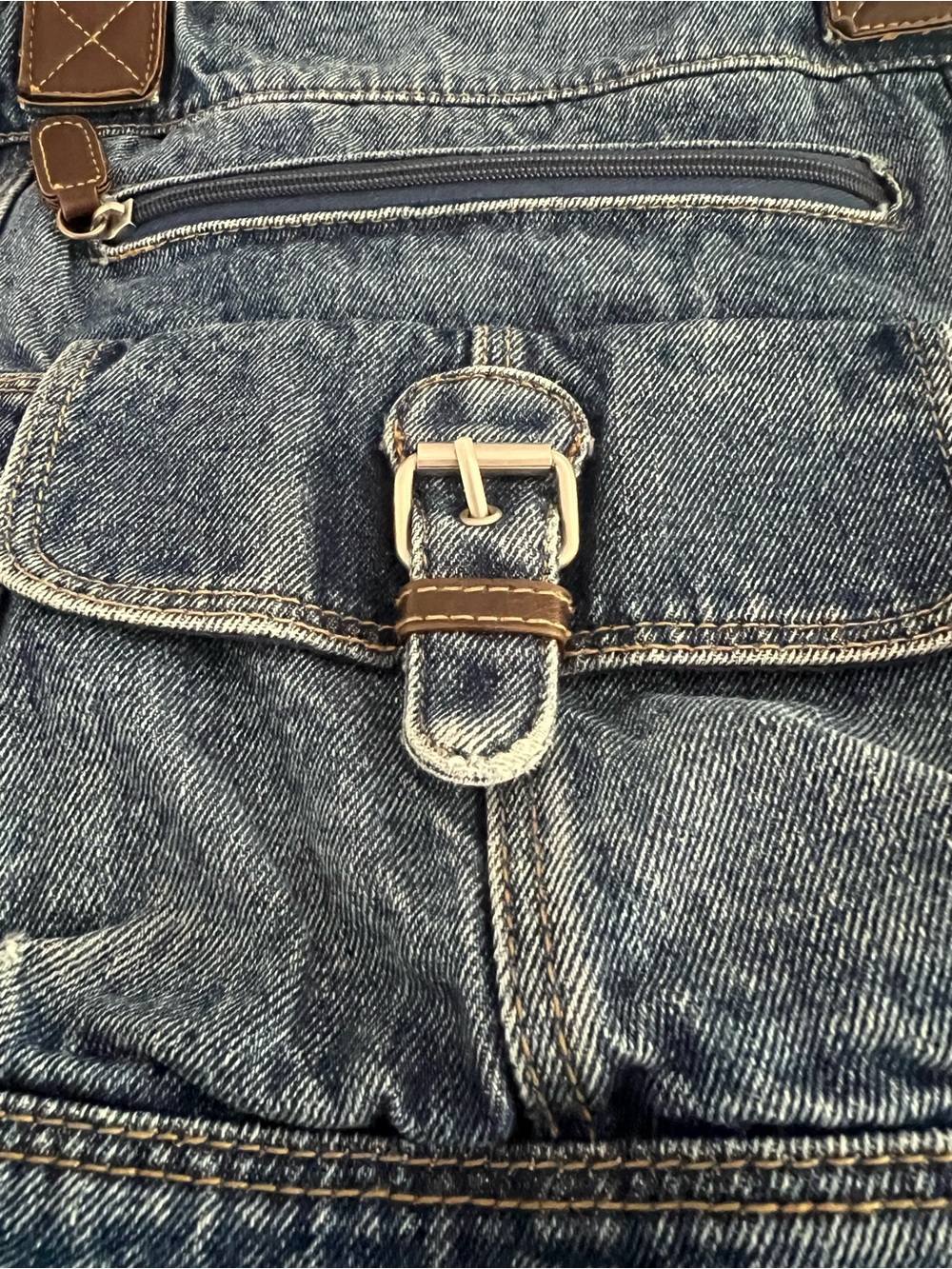 Y2K 100% Cotton Denim Shoulder Tote Bag Blue Jean Buckle Leather Trim - Picture 4 of 15
